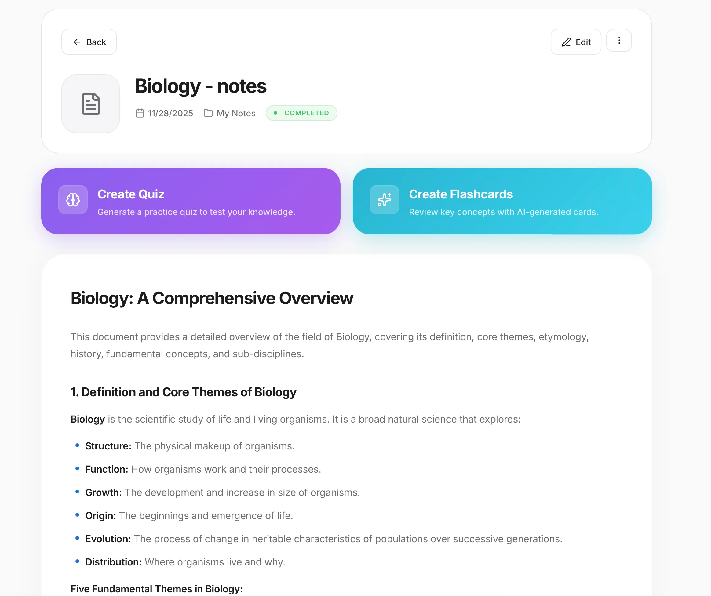 LectureScribe study guide detail view with organized notes