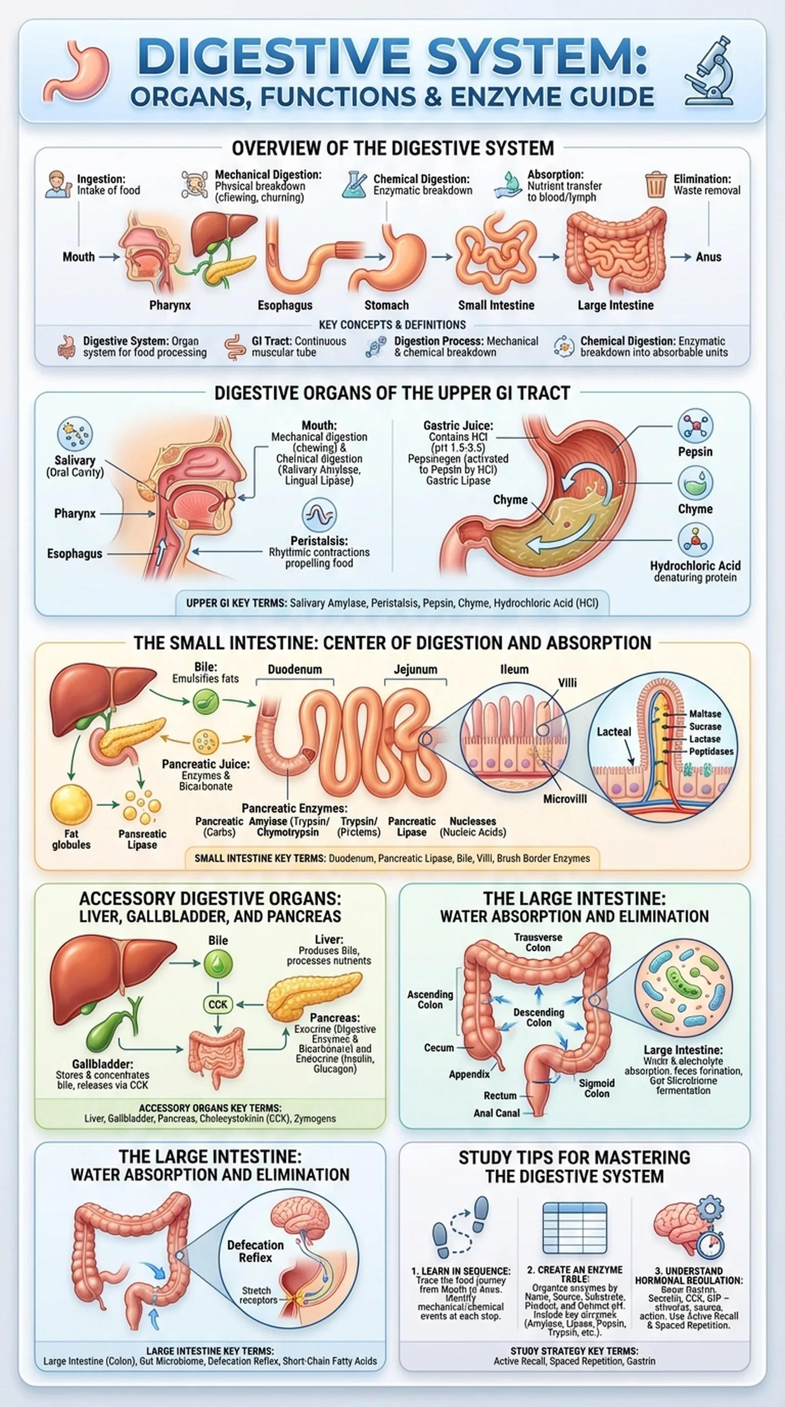Digestive system diagram showing all digestive organs of the GI tract with digestive enzymes and their functions labeled