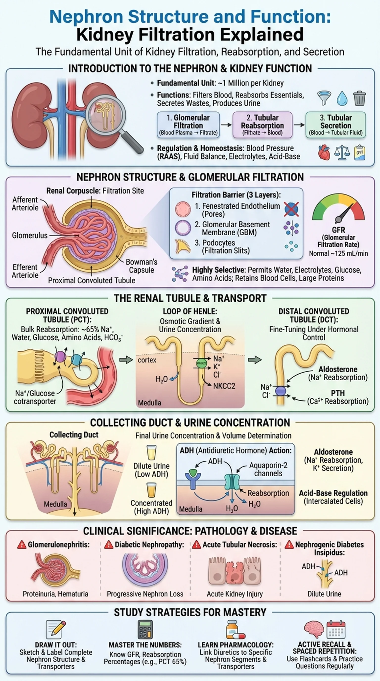 Nephron structure diagram showing the glomerulus, Bowman's capsule, proximal convoluted tubule, loop of Henle, distal convoluted tubule, and collecting duct with labeled transport processes